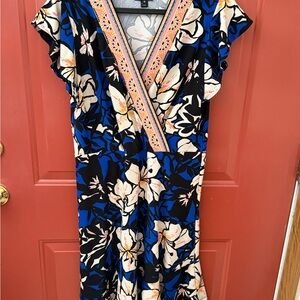 ECI Blue and Black Floral Wrap Midi Dress